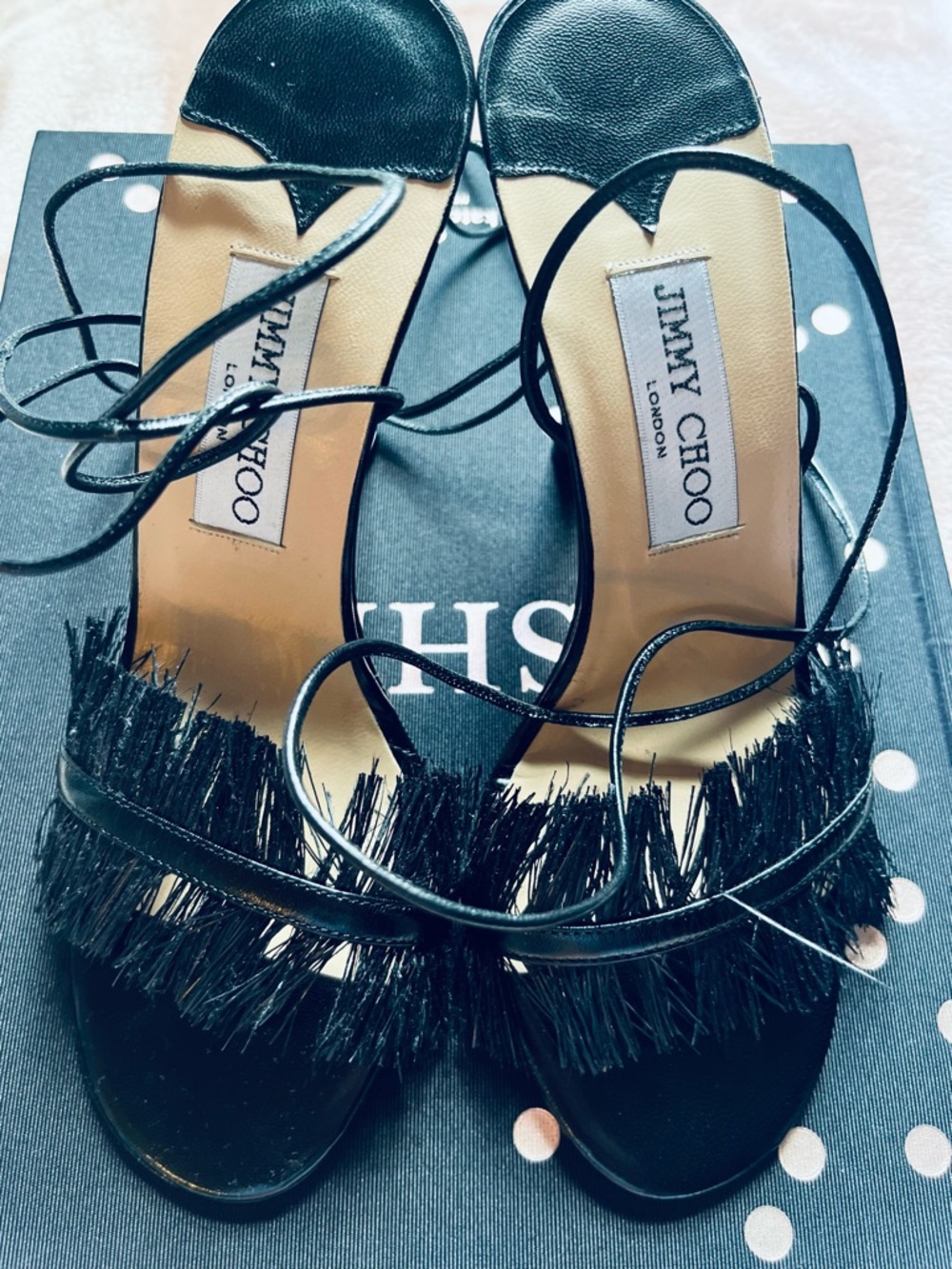 Jimmy Choo Black Fringe Lace-Up Heels